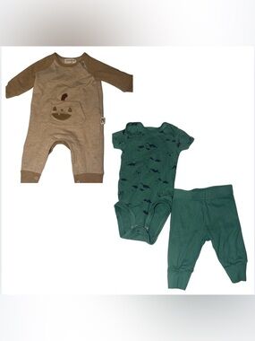 Baby Boy Outfit Bundle 3pc | Dino Onesie + Pants + Neutral Romper | Infant